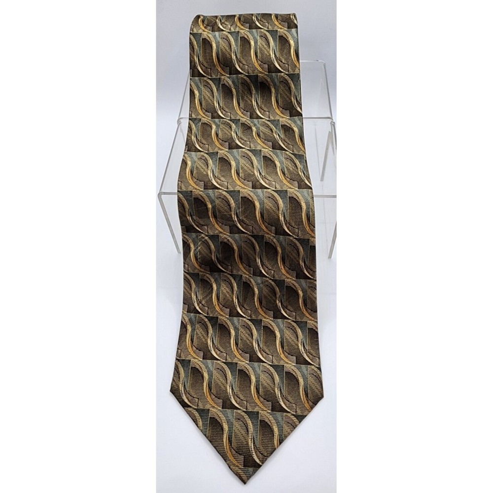 Keith Daniels Mens 100% Silk Tie Brown Gold Blue Abstract Geometric 4" Wide